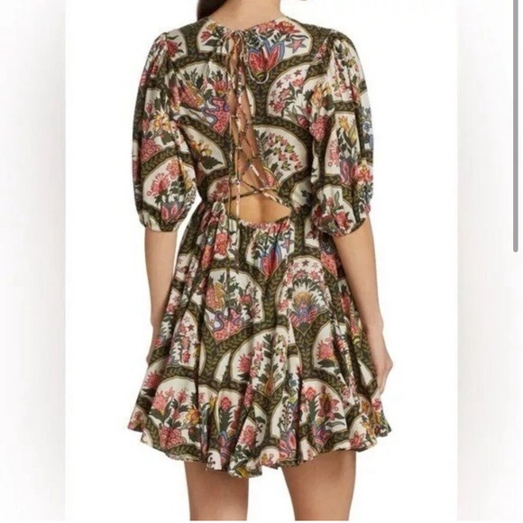 RHODE Molly Mushroom Pink and Green Floral Puff Sleeve Lace up Back Mini Dress S - Picture 4 of 12